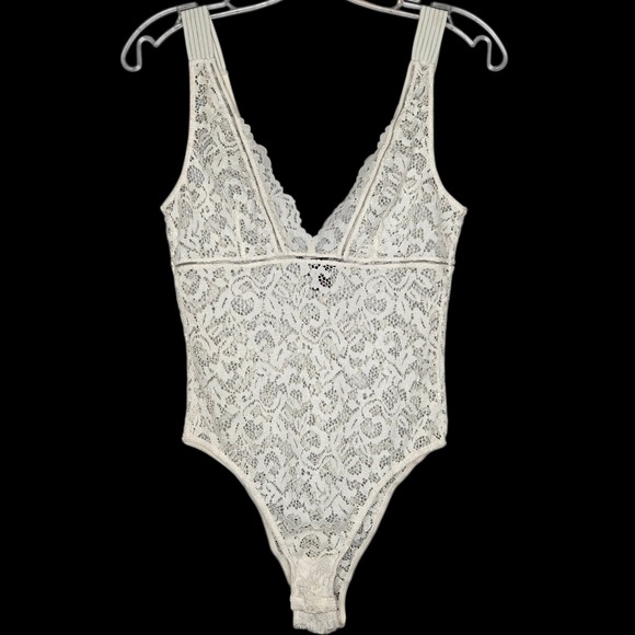 Victoria's Secret Tops - Victoria's Secret Off White Lace Bodysuit M Floral Sheer Teddy Snap Bridal